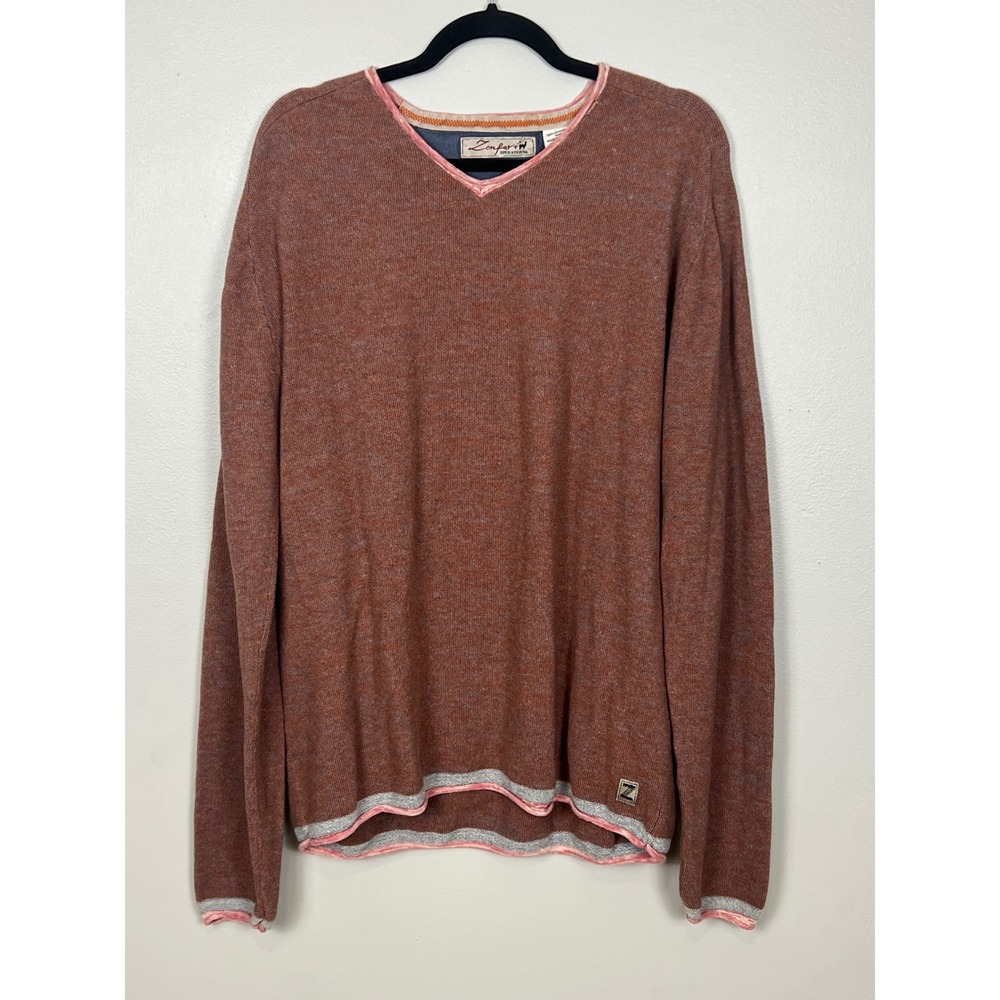 Zenfari Habari Gani Mens Large Rust Orange 100% Merino Wool V-Neck Sweater Knit